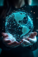 Wall Mural - Technology-themed backdrop featuring a businesswoman with a virtual network globe.