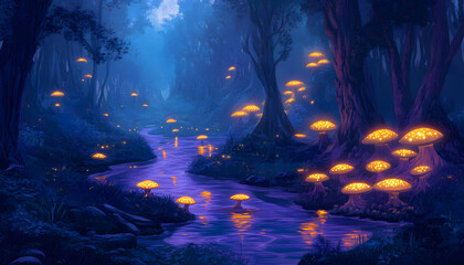 A mystical forest with glowing mushrooms, winding rivers, and floating islands, creating a magical and otherworldly feel