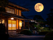 © youhei - 12夜空に浮かぶ満月にてらされた家屋など日本の和風イメージ　generative ai