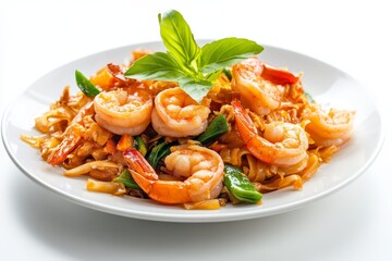 A plate of delicious shrimp pad thai with fresh basil, a classic Thai dish with stir-fried rice noodles, shrimp, tofu, eggs, and vegetables.