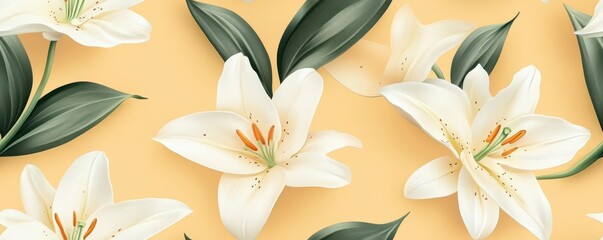 Wall Mural - Lily pattern on soft yellow pastel background, top view from above.