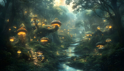 A mystical forest with glowing mushrooms, winding rivers, and floating islands, creating a magical and otherworldly feel