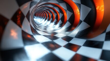 Wall Mural - Abstract tunnel with a checkered pattern and glowing edges.