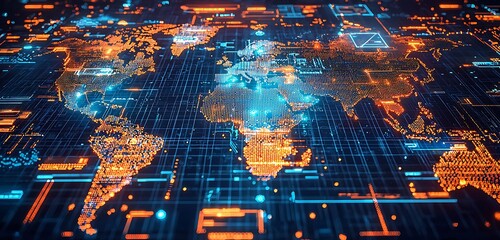 Wall Mural - Global communication illustrated with luminous paths and symbols on a world map.