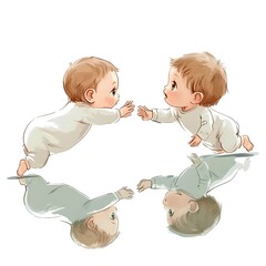 Canvas Print - Two Babies Reaching for Each Other, Mirrored Reflection.