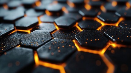 Wall Mural - Hexagonal tiles with glowing orange highlights and textures.