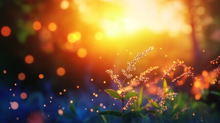 A soft focus sunset scene, featuring a delicate plant bathed in golden light, representing peace, hope, and tranquility. The background is blurred, emphasizing the beauty of the moment and evoking a f