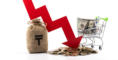 Wall Mural - Conceptual story about the exchange rate of the Kazakh currency tenge with a red arrow of a falling graph, 100 and 200 tenge coins and a money bag with a currency symbol on a white background