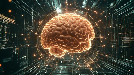 Wall Mural - Brain depicted within a sphere connected by glowing fibers.