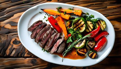 Wall Mural - Savory beef steak accompanied by grilled vegetables and fresh herbs on a pristine white plate, captured from above.