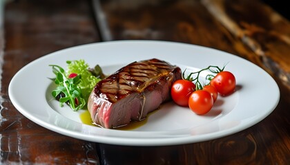 Wall Mural - Gourmet beef tenderloin steak accompanied by vibrant cherry tomatoes and fresh microgreens on an elegant white plate