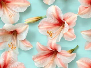 Sticker - Amaryllis pattern on soft turquoise pastel background, top down view