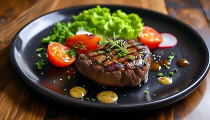 Wall Mural - Savory beef steak accompanied by vibrant vegetables on an elegant black plate