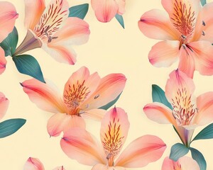 Sticker - Alstroemeria pattern on soft yellow pastel background, viewed from above in a top-down perspective.