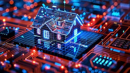 Leinwandbilder - A digital representation of a house sits atop a vibrant circuit board, combining architecture with advanced technology to symbolize modern living and future possibilities.