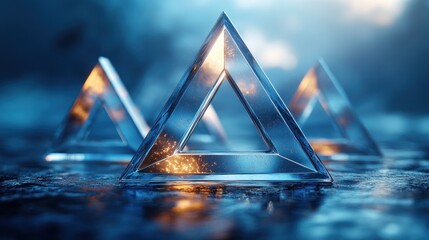 Poster - Three translucent pyramids illuminated in a mystical blue setting.