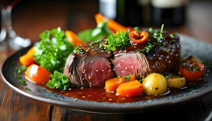 Wall Mural - Savory beef tenderloin paired with vibrant vegetables in a rich red wine sauce