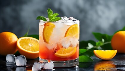 Wall Mural - Crisp Sparkling Beverages with Citrus Garnish and Chilled Ice Cubes