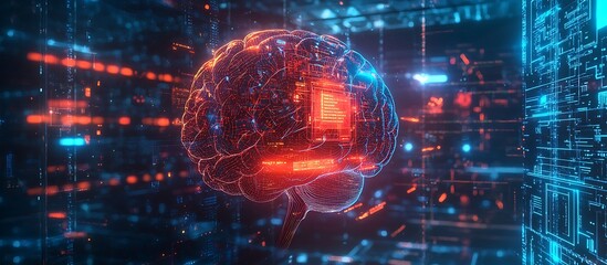 Wall Mural - Futuristic AI brain interface displayed through advanced holographic technology.