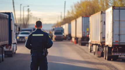 A customs officer stands at border checkpoint, overseeing trucks as they pass through. scene captures tension and responsibility of ensuring safety and compliance