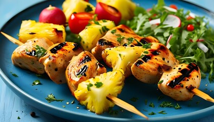 Savory grilled chicken skewers paired with pineapple and colorful vegetables on a vibrant blue plate