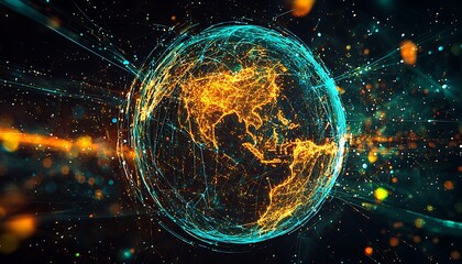 Wall Mural - Data streams circle a globe in a display of network visualization.