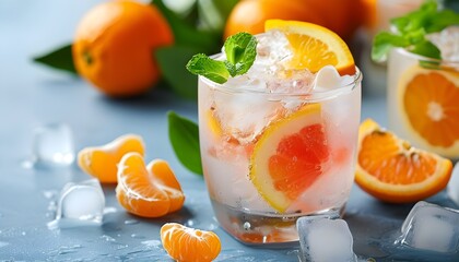 Wall Mural - Crisp Sparkling Beverages with Citrus Garnish and Chilled Ice Cubes