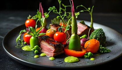 Wall Mural - Innovative molecular gastronomy creation featuring tender meat and vibrant vegetables