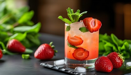 Wall Mural - Vibrant summer cocktail featuring strawberries and mint set against a lively restaurant backdrop