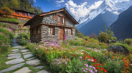 Wall Mural - Stone Cottage in a Mountain Meadow