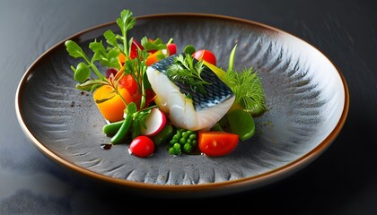 Wall Mural - Gourmet fish entree elegantly plated with colorful vegetables for fine dining experience