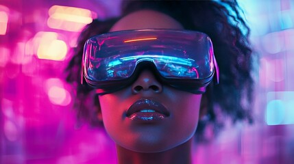 Close-up of a Woman Wearing a VR Headset in a Neon-lit Environment