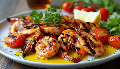 Wall Mural - Savory grilled jumbo shrimp served with roasted tomatoes drizzled in lemon butter sauce