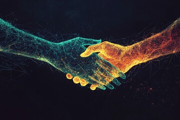 Wall Mural - Connected hands over digital network illustrating unity.