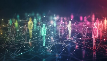 Wall Mural - Illustrative network showing diverse figures linked by digital connections.
