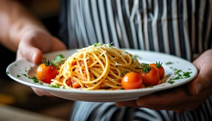 Wall Mural - Plate of pasta adorned with fresh tomatoes and microgreens, held by a person wearing a stylish striped apron