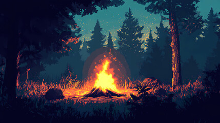 Wall Mural - Pixel art game background with a camp fire in the forest. generative ai. Pixel Art. Illustration