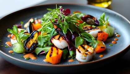 Gourmet salad featuring grilled vegetables and seafood, beautifully garnished with fresh microgreens