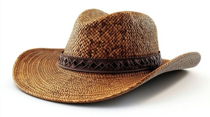 a straw cowboy hat with a decorative band, ideal for sun protection.