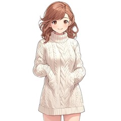 Sticker - Cute Anime Girl in a White Knit Sweater.