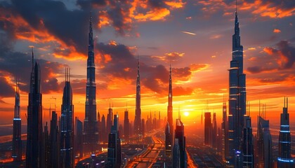 Canvas Print - Futuristic cityscape at sunset with glowing orange lights illuminating towering skyscrapers beneath a dramatic sky