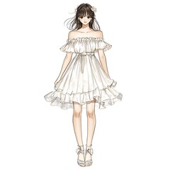 Canvas Print - Anime Illustration of a Young Woman in a White Dress.