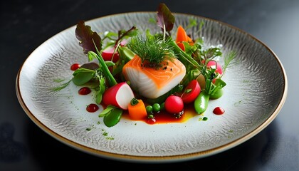 Gourmet fish entree elegantly plated with colorful vegetables for fine dining experience