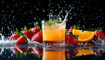 Sticker - Vibrant orange and strawberry cocktail splashing against a sleek black backdrop