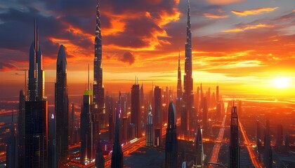 Canvas Print - Futuristic cityscape at sunset with glowing orange lights illuminating towering skyscrapers beneath a dramatic sky