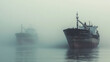 © Worakit - Stranded cargo ships are seen offshore, shrouded in thick fog, creating mysterious and eerie atmosphere. stillness of water enhances sense of isolation