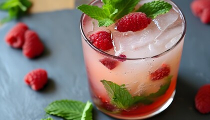 Wall Mural - Refreshing summer cocktail featuring vibrant raspberries and fresh mint