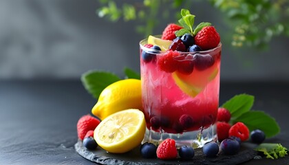 Wall Mural - Refreshing summer beverage infused with berries and zesty lemon