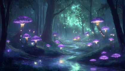 A mystical forest with glowing mushrooms, winding rivers, and floating islands, creating a magical and otherworldly feel