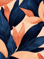 Canvas Print - Modern botanical illustration featuring abstract leaves in blue and peach tones